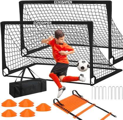 Kids Soccer Goals for Backyard, 2 of 6 x 4 ft Kids Soccer Goal Set Soccer Net with 10 Soccer Cones, Agility Ladder &