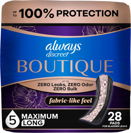 Boutique Adult Incontinence Bladder Leak Pads for Women, Maximum Absorbency, Long Length, Up to 100% Bladder Leak