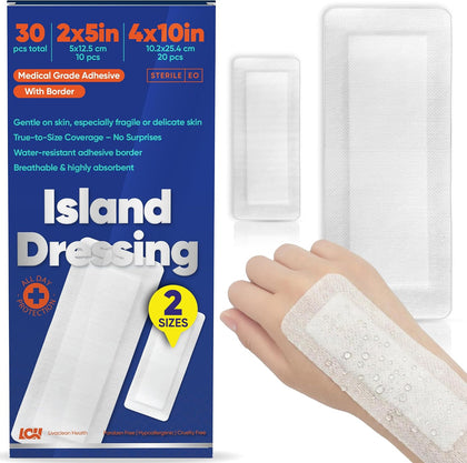 30CT Island Dressing, 2 Sizes 2"x5" & 4"x10" | Bordered Gauze With Adhesive Border | Hypoallergenic Adhesive Gauze