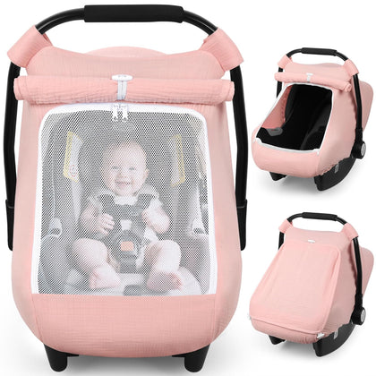 Car Seat Cover Baby, Carseat Covers Girl Boy, Breathable Muslin Cotton, Large Mesh Window, Infant Car Seat Canopy