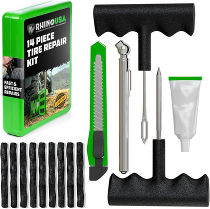 Compact Tire Repair Kit (14-Piece) – Heavy Duty Plug Set with Included Lubricant to Fix Punctures and Seal Flats –
