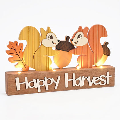 Fall Decorations for Home with LED Lights, Lighted Fall Decor Featuring Squirrel, Acorns and Oak Leaves, Autumn