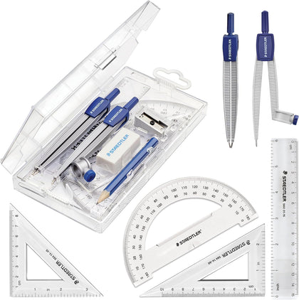 School Kit Math Geometry Set - 10-Piece Compass, Protractor & Ruler Kit with Flip Open Storage Box - Clear Measuring