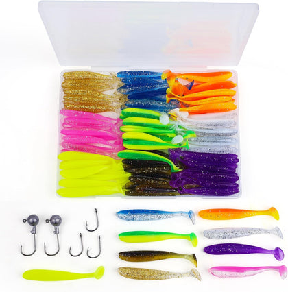 Soft Fishing Lures,90pcs Fishing Soft Plastic Lures and 5pcs Fishhook,Paddle Tail Swimbaits Soft Plastic Lures Kit