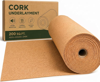 200 Sq. Ft. Cork Roll 48 x 600 Inch Cork Underlayment Roll Sound Insulation Mildew and Moisture Proof for Office Home