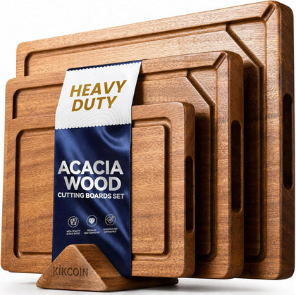 Acacia Wood Cutting Boards for Kitchen, Kikcoin 3 PCS Wooden Cutting Board Set with Holder, Chopping Board with