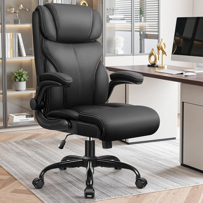 Office Chair, Ergonomic Leather Desk Chair with Flip-up Armrests, Big and Tall High Back Executive Computer & Gaming