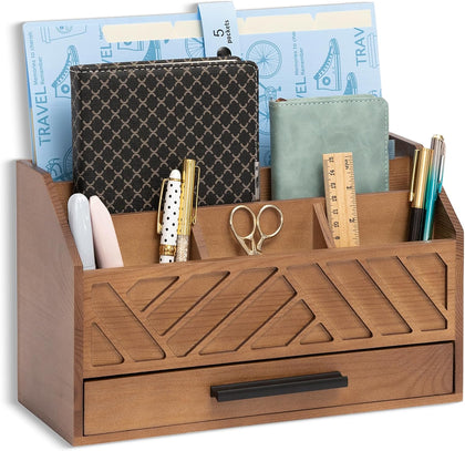 Brown Wood Desk Organizer and Accessories with Drawer, Bill Mail Organizer and File Mail Holder for Office Supplies