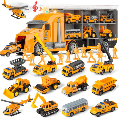25 in 1 Die-cast Pull Back Construction Truck Vehicle Toys for 3-7Year Old Boy, Sounds and Lights in Large Carrier