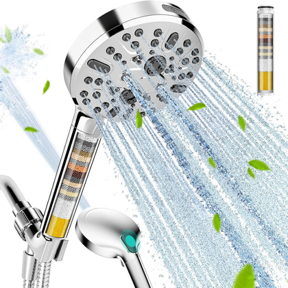 Filtered Shower Head with Handheld - High Pressure 9 Spray Modes Showerhead with 16-Stage Water Softener for Hard