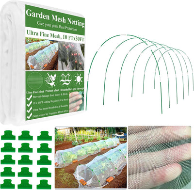 Garden Mesh Netting Kit,10 x 30FT Ultra Fine Netting with 6 Sets Fiberglass Garden Hoops for Raised Beds Vegetable