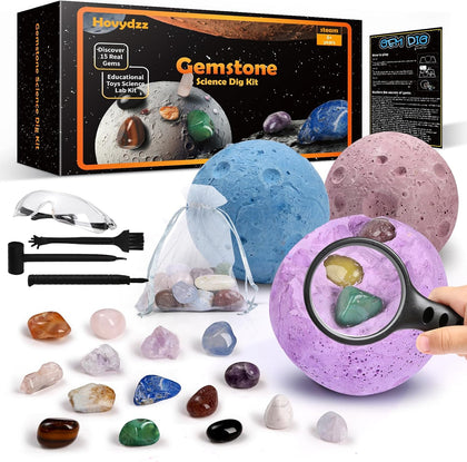 Gemstones Dig Kit, Science Kit for Kids, Dig up 15 Real Gems & Explore Solar System, STEM Educational Mining Space