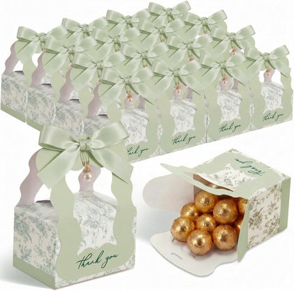50 Sets Floral Wedding Favor Boxes with Pearl Pendant Bow, Green