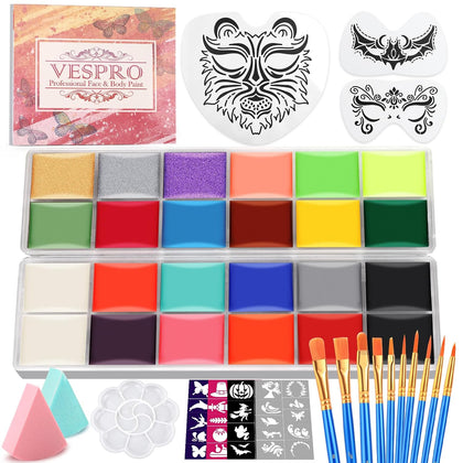 Face Painting Kit For Kids Party,22 Colors Face Paint Kit Includes Paint Tray,Sponges,Brushes and