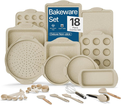 18-Piece Deluxe Nonstick Carbon Steel Bakeware Set - Professional Kitchen Oven Baking Pans with White Silicone