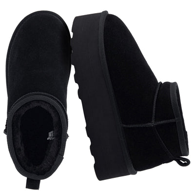 Hippy Women’s Platform Ankle Boots – Genuine Suede, Faux Fur Lining, Cozy Winter Slip-On Design Mini boots, BLACK 9.5W