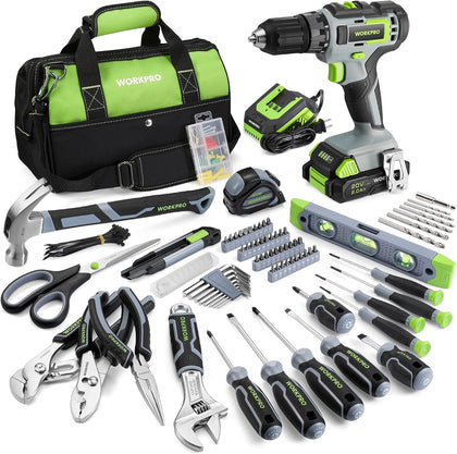 Home Tool Set with 20V Cordless Lithium-Ion Drill Driver, Household Repairing Tool Kit with Drill, 157PCS Power Drill