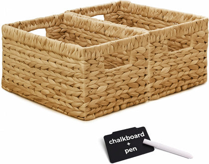 KOKODO Wicker Storage Basket Set of 2, Rectangular Baskets for Shelves with Handles & Chalkboard Labels, Handwoven