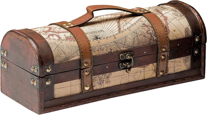 Old World Wine Bottle Gift Box, Wooden Wine Box with Lid and Handle, Wood, Faux Leather, Antique Map Design, Holds 1