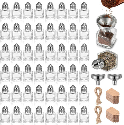Set of 48 Small Salt and Pepper Shakers, 0.5 oz Mini Glass Seasoning Jars with Funnel, Bulk Cube Spice Shakers with