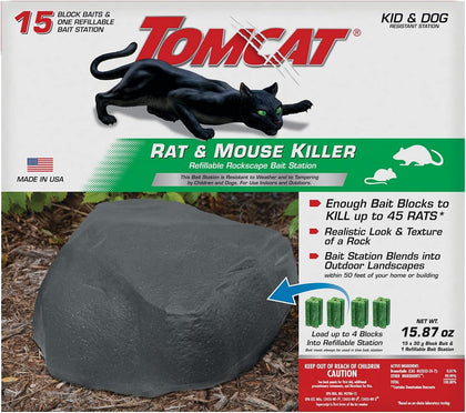 Rat & Mouse Killer Refillable Rockscape Bait Station | 1 Refillable Station and 15 Block Baits, Discreetly Place