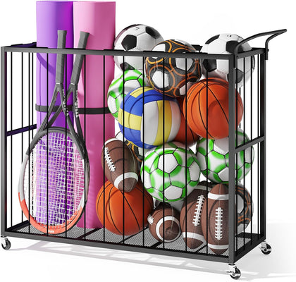 Ball Storage Bin Rolling Sports Ball Cart, Metal Garage Organizer Sport Rack, Ball Basket Storage, Ball Cage for