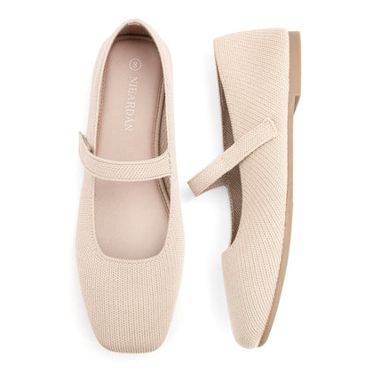 Women's Mary Jane Square Toe Lightweight Knit Ballet Flats,Size 09,Almond