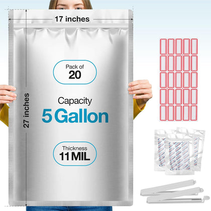 20 Pcs 5 Gallon Mylar Bags With Oxygen Absorbers 2000cc | Extra Thick, Closure Clip, Long Term Food Storage, Smell