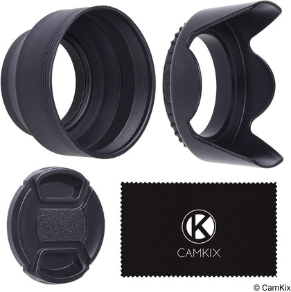 77mm Set of 2 Camera Lens Hoods and 1 Lens Cap - Rubber (Collapsible) + Tulip Flower - Sun Shade/Shield - Reduces