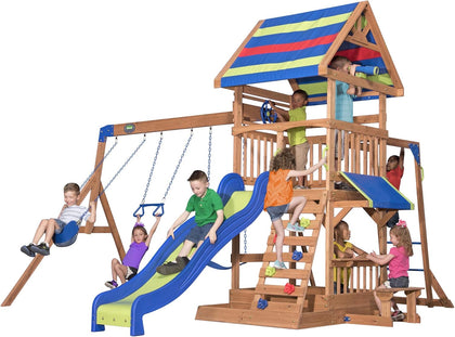 Beach Front Cedar Wood Swing Set with Wave Slide, Play Deck, Monkey Bars, Rock Wall Ladder, Shaded Picnic Area, Snack
