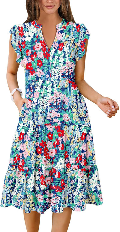 Womens Summer Dress Ruffle Sleeve V Neck Midi Dresses