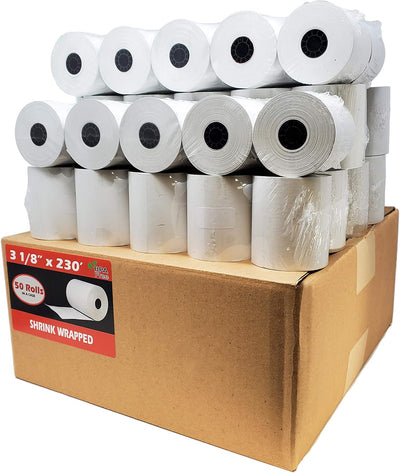 (50 Rolls) 3 1/8 x 230 Thermal Paper Receipt Rolls (55 GSM Premium Quality German Paper) Fits All POS Cash Registers