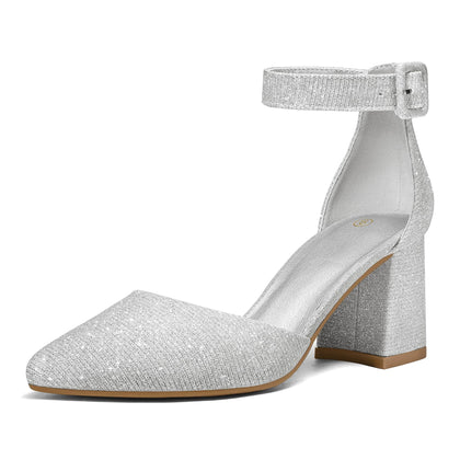 Women's Pointed Toe Pumps Ankle Strap Chunky Block Heel Dress Shoes