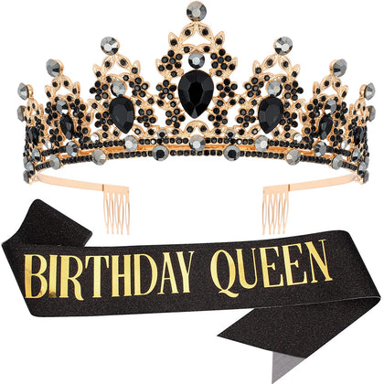 "BIRTHDAY QUEEN" Sash and Tiara for Women Crystal Tiara and Satin Kit for Girl Rhinestones Crown with Comb Glitter