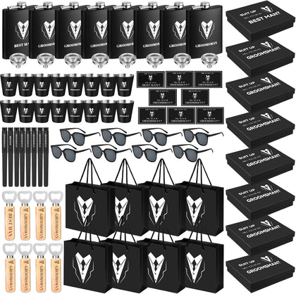 80 Pcs Groomsmen Gifts Set of 8, Groomsmen Proposal Gift Set, 8 Flask and 16 Stainless Steel Shot Glass 8 Wood Bottle