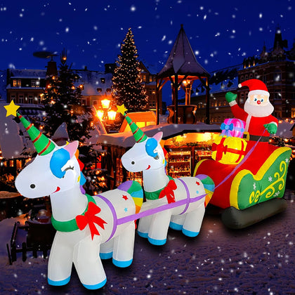 9 Ft Christmas Inflatable Santa Claus on Sleigh with 2 Unicorn Decoration LED Lighted Xmas Blow up for Yard Lawn