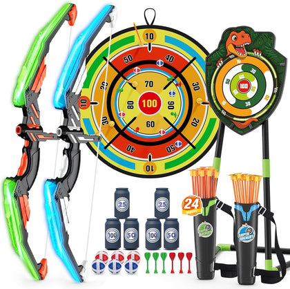 2 Pack Kids Bow and Arrow with 29" Large Dart Board & Dinosaur Target | Light Up Archery Set with 24 Suction Cup