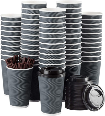 Disposable Coffee Cups with Lids and Straws - 16 oz (90 Set) Togo Hot Paper Coffee Cup with Lid To Go for Beverages
