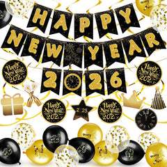 2026 New Years Eve Party Decoration Supplies Happy New Year Banner Gold and Black Hanging Swirls Balloons Cake