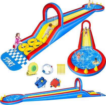 31FT Long Inflatable Water Slide,Water Park with Obstacle Courses,Climbing Ramp,Splash Pool & Overhead Sprinkle