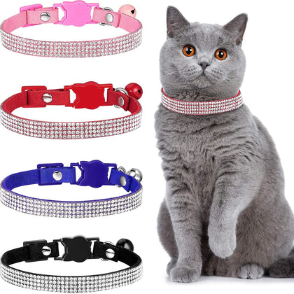 4 Pieces Rhinestones Cat Collars Breakaway Cat Collar with Bell Bling Pet Accessories with Soft Velvet, 4