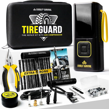 All-in-One Tire Repair Kit with Air Compressor – 150 PSI Portable Cordless Tire Inflator & Plug Kit – Flat Tire