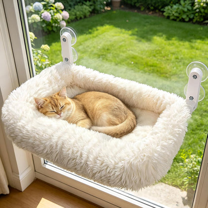 Cloud-Snuggle Cat Window Perch with 4-Sided Ultra-Thick & Fluffy Plush Cushion Bed, Foldable Cordless Cat Window