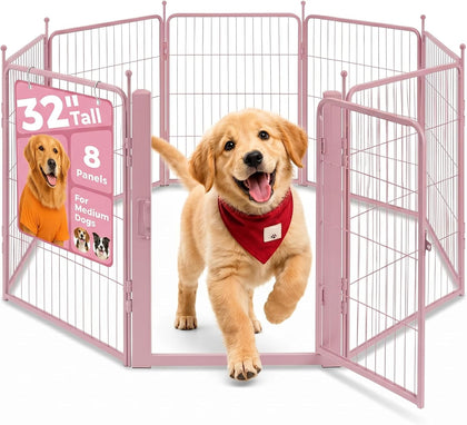 Pink Dog Playpen for Small/Medium Dogs - 32 inch 8 Panels Heavy Duty Metal Puppy Fence Outdoor Indoor with Door