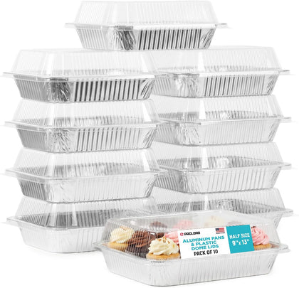 10 Half Size 9" x 13" Aluminum Foil Pans with Plastic Dome Lids - Disposable Steam Table Trays, USA-Made Catering
