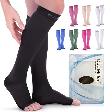 Open Toe Compression Socks, 20-30 mmHg, Toeless Compression Sleeves for Legs, Knee High Stockings for Shin Splints