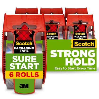 Sure Start Packing Tape, Clear, 1.88 in. x 22.2 yd. | 6 Tape Rolls with Dispensers, Quiet Unwind and Easy Start