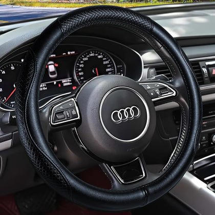 Heavy Duty Pure Cowhide Steering Wheel Cover, Genuine Leather Steering Cover with 15 Inches Universal Fit