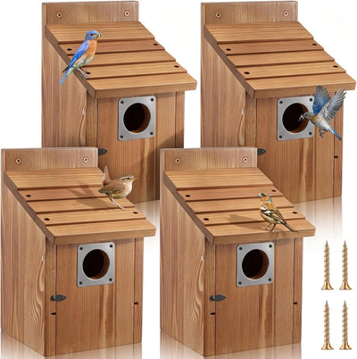4 Pack Bluebird Houses for Outside with Metal Predator Guard, 1-1/2" Entrance Hole Wooden Blue Bird Houses for