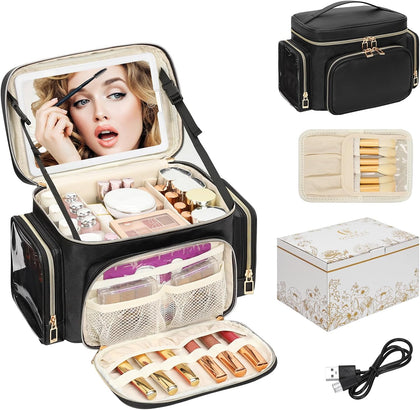 Large Makeup Bag with LED Mirror, Travel Makeup Bag Organizer for Women Girls with Makeup Brush Compartment & Two